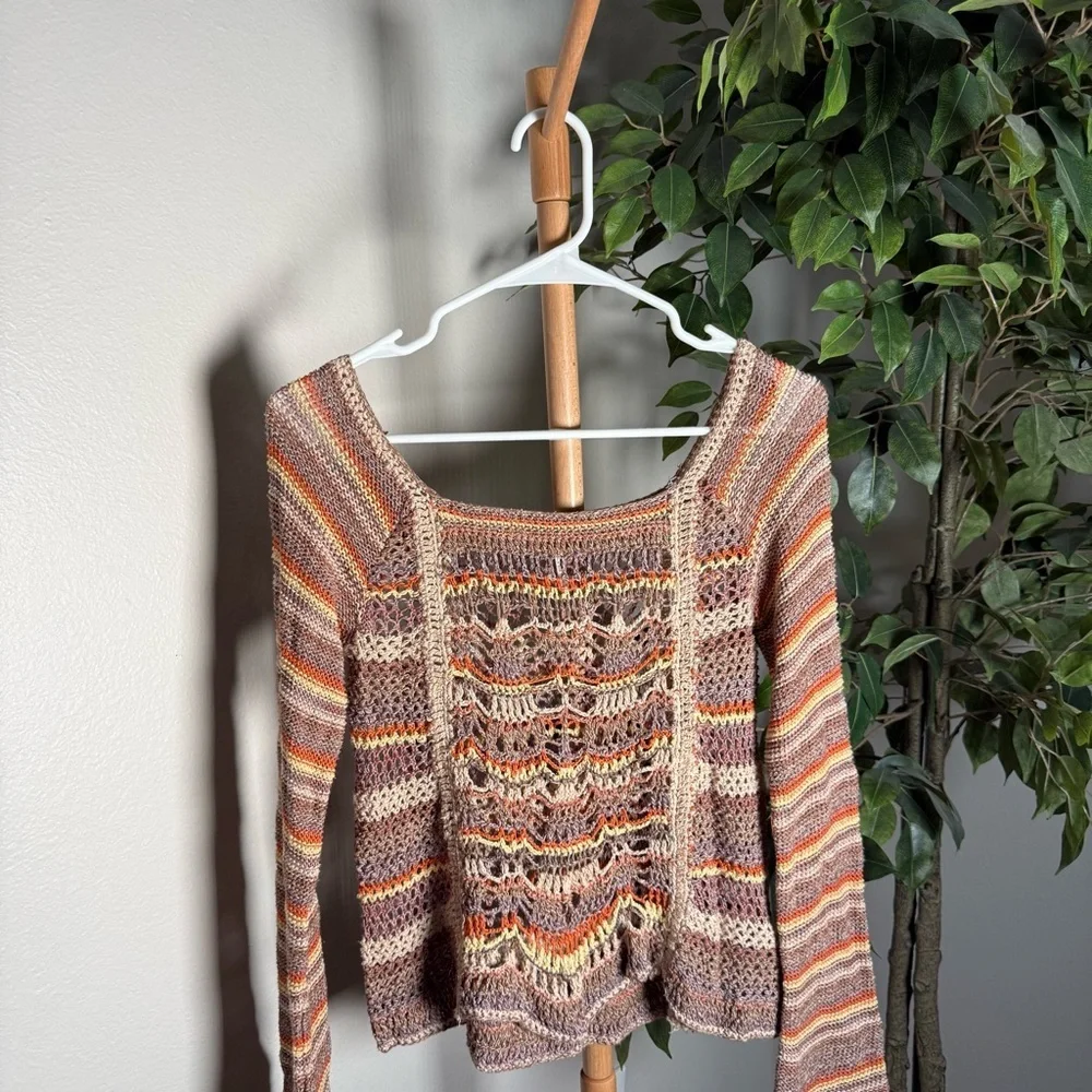 Free People Phoenix Crochet Striped Bell Sleeve Boho Sweater Women’s Size Medium